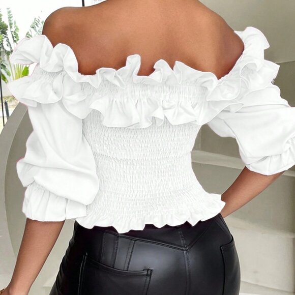 White Casual Women's Short Ruffle Trim Off Shoulder Blouse - Picture 2 of 6